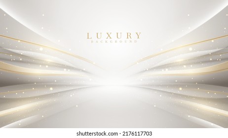 Lujoso fondo blanco con elementos de línea dorada y decoración y bokeh con efecto de luz curva 