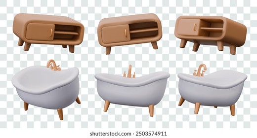 Luxury white bathtub with metal faucet, low cabinet with empty shelves
