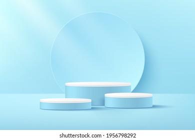 Luxury white and blue color cylinder pedestal podium. Light blue minimal wall scene. Circle backdrop and window lighting. Abstract modern vector rendering 3d shape for products display presentation. - Shutterstock ID 1956798292