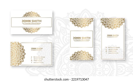 Luxury white business card with golden mandala decoration designs, Bright floral ornamental elements