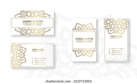 Luxury white business card with golden mandala decoration designs, Bright floral ornamental elements