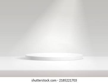 Luxury white color cylinder pedestal podium. Realistic vector 3d render for cosmetic product presentation