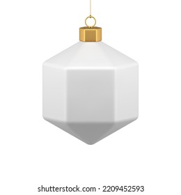 Luxury white elegant Christmas tree bauble polygon shape hanging on golden metallic rope 3d template vector illustration. Expensive tenderness ornamental Xmas spruce bauble decorative design