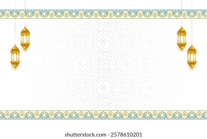 luxury white elegant ramadan kareem eid mubarak arabesque colorful border islamic background banner. Translation: "Muslim fasting month and celebration day".