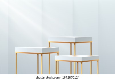 Luxury white, gold cube pedestal podiums. Silver color minimal wall scene with window lighting. Geometric platforms. Vector rendering 3d shapes, product display presentation. Abstract studio room design.