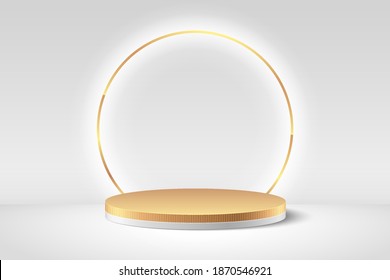 Luxury white and gold cylinder pedestal podium, Shiny golden ring and empty room background. Abstract vector rendering 3d shape, Cosmetic product display presentation. Minimall wall scene. Vector EPS