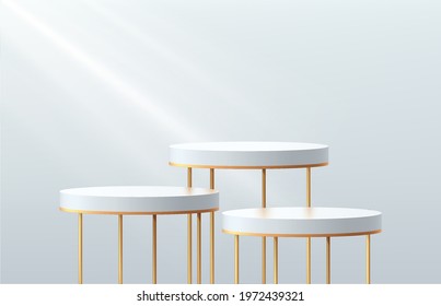 Luxury white, gold cylinder pedestal podium. Silver color minimal wall scene with window lighting. Vector rendering 3d shape, Cosmetic product display presentation. Abstract studio room design.