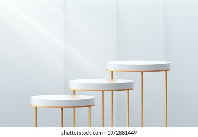 Luxury white, gold cylinder pedestal podiums. Silver color minimal wall scene with window lighting. Vector rendering 3d shapes, Cosmetic product display presentation. Abstract studio room design.