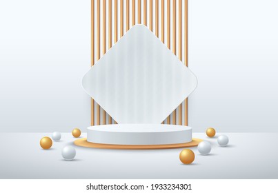 Luxury white and gold cylinder podium with golden stripe and transparent glass square background. Abstract vector rendering 3d shape for advertising products display. Modern minimal scene studio room.