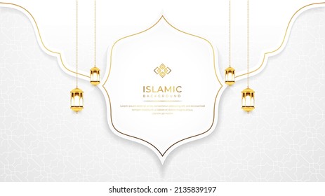 Luxury White and Gold Elegant Greeting Background with Arabic Pattern, Islamic Border, and Decorative Hanging Lanterns Ornament for banner, background, wallpaper, decoration, cover,