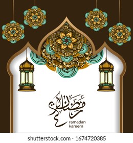 luxury white and gold islamic background illustration. gold lantern with crecent moon and mandala ornament