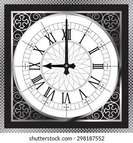 Luxury white gold metal clock with Roman numerals and pattern boarder, isolated pointer. vector illustration.