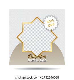 Luxury White and Gold Ramadan Sale Or Discount Social Media Template with Phone Mock-Up for Banner, Ads, Advertising, Greeting Card, Poster, and Others Media Promotion. Editable Vector Illustration.