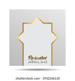 Luxury White and Gold Ramadan Sale Or Discount Social Media Template with Phone Mock-Up for Banner, Ads, Advertising, Greeting Card, Poster, and Others Media Promotion. Editable Vector Illustration.