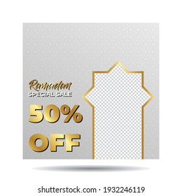 Luxury White and Gold Ramadan Sale Or Discount Social Media Template with Phone Mock-Up for Banner, Ads, Advertising, Greeting Card, Poster, and Others Media Promotion. Editable Vector Illustration.