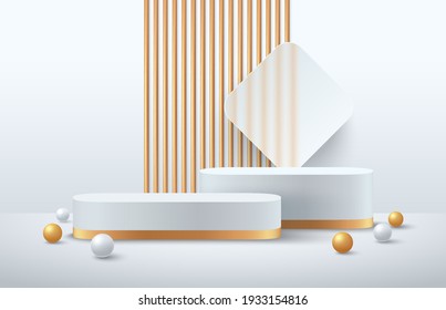 Luxury white and gold round podium on grey empty room background and white, golden sphere decorate. Abstract vector rendering 3d shape for advertising products display. Minimal scene studio room.