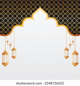 luxury white Golden and Black colorful pattern eid mubarak ramadan or
ramadhan islamic background banner frame. Translation: "Muslim fasting month and celebration day after fasting"