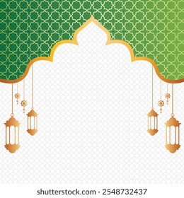 luxury white Golden and Green colorful pattern eid mubarak ramadan or
ramadhan islamic background banner frame. Translation: "Muslim fasting month and celebration day after fasting"