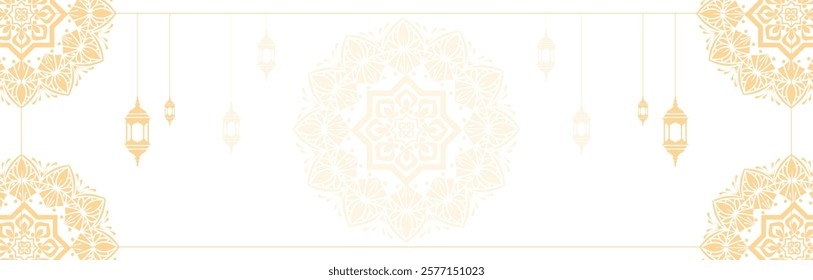 Luxury white golden mandala and hanging lamps. Eid mubarak ramadan or ramadhan islamic background banner frame.