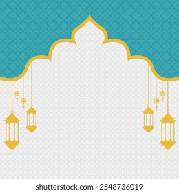 luxury white Golden and Sea Green colorful pattern eid mubarak ramadan or
ramadhan islamic background banner frame. Translation: "Muslim fasting month and celebration day after fasting"