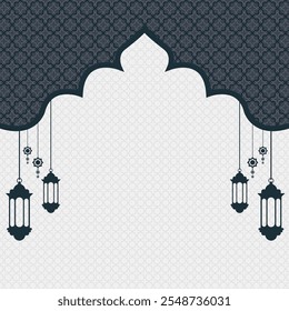 luxury white Gray and Dark Gray colorful pattern eid mubarak ramadan or
ramadhan islamic background banner frame. Translation: "Muslim fasting month and celebration day after fasting"