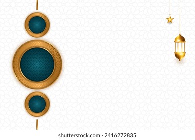 luxury white Islamic ramadan kareem eid mubarak gold round border pattern empty horizontal background banner design. Translation. "Muslim fasting month and celebration day after fasting."