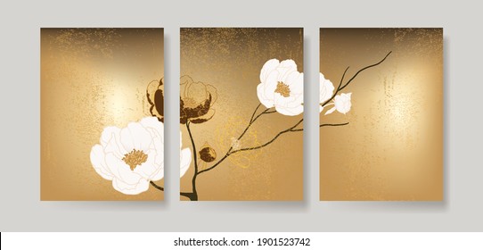 Luxury white magnolia background vector with golden metallic decorate wall art