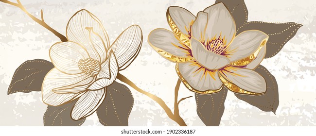 Luxury White Magnolia Foil Metallic Background Vector With Golden Metallic Home Decorate Wall Art