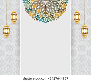 luxury white paper colorful mandala eid mubarak ramadan or ramadhan islamic background banner frame.Translation: "Muslim fasting month and celebration day after fasting"