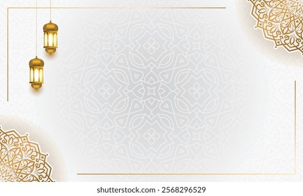 luxury white pattern ramadan kareem eid mubarak arabesque islamic background banner with mandala. Translation: "Muslim fasting month and celebration day".