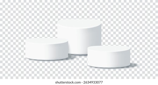 Luxury white podium for antiaging serum bottles. 3D cosmetic display for premium skincare branding. Vector illustration set on transparent background
