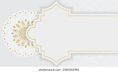 Luxury white Ramadan illustration with mandala. Arabic Islamic frame background banner for Eid Mubarak festival. Translation: "Design for the fasting month of Muslims".