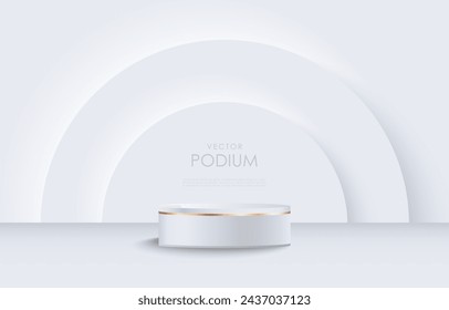 Luxury white vector podium mockup with golden elements. Celindrical podium for displaying items, trade shows and advertising posters or banners. Background for cosmetics and perfumes.