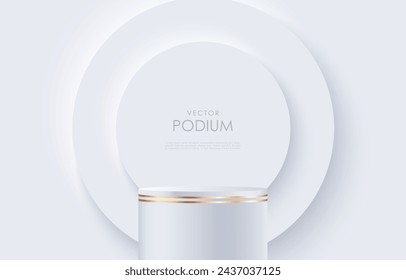 Luxury white vector podium mockup with golden elements. Celindrical podium for displaying items, trade shows and advertising posters or banners. Background for cosmetics and perfumes.