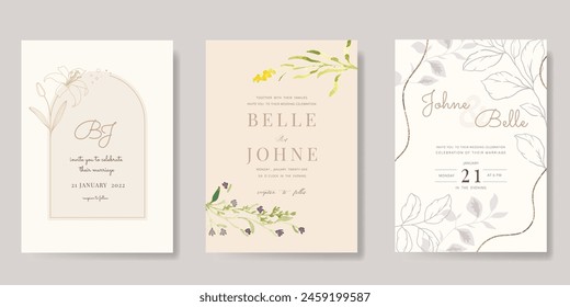 Luxury white Wedding logo and Invitation set,  invite thank you, rsvp modern card Design in pink and gray flower with leaf greenery branches  decorative Vector elegant rustic template