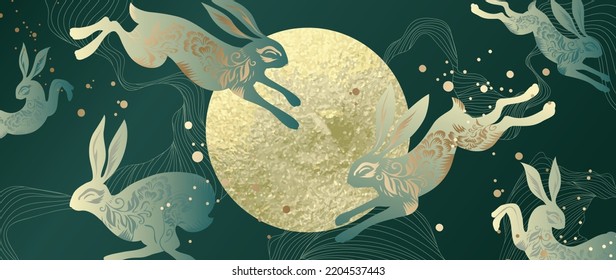 Luxury wild animal background vector. Gold Japanese wallpaper design with group of rabbit, wild rabbits, gold sun, line art. Elegant oriental illustration design for wall art, fabric, packaging, card.