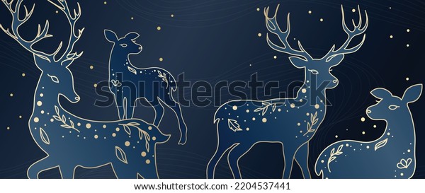Luxury wild animal background vector. Gold line art wallpaper design with group of deers, deer antlers, gradient color. Elegant animal illustration design for wall art, fabric, packaging, card.