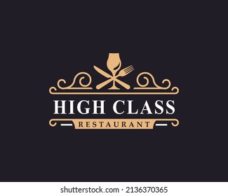 Luxury Wine Glass with Spoon Fork Knife for Restaurant Bar Bistro Vintage Retro Logo Vector Template Element