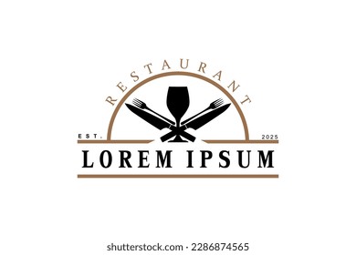 Luxury Wine Glass with Spoon Fork Knife for Dinner Restaurant Bar Bistro Vintage Retro Logo design vector