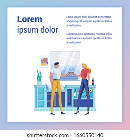 Luxury Wine Tasting Flat Vector Banner Template. Boyfriend and Girlfriend with Alcoholic Beverages in Kitchen Cartoon Illustration with Copyspace. Friends Meeting Poster Layout with Text Space