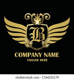 Luxury wing Initial Letter B Gold color with Shield. Vintage monogram logo perfect for book design, brand name, business card, Victory logo, vector logo template