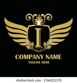 Luxury wing Initial Letter I Gold color with Shield. Vintage monogram logo perfect for book design, brand name, business card, Victory logo, vector logo template