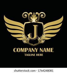 Luxury wing Initial Letter J Gold color with Shield. Vintage monogram logo perfect for book design, brand name, business card, Victory logo, vector logo template