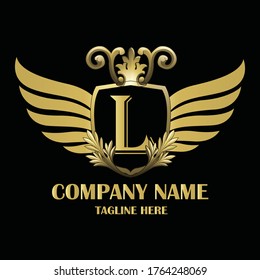 Luxury wing Initial Letter L Gold color with Shield. Vintage monogram logo perfect for book design, brand name, business card, Victory logo, vector logo template
