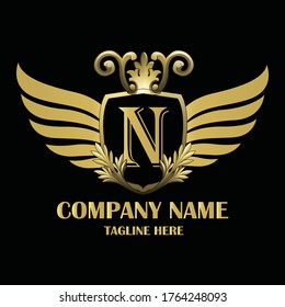 Luxury wing Initial Letter N  Gold color with Shield. Vintage monogram logo perfect for book design, brand name, business card, Victory logo, vector logo template