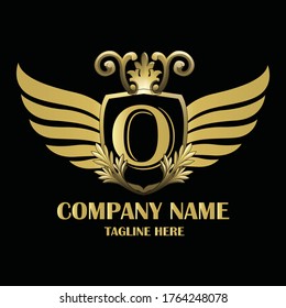 Luxury wing Initial Letter O Gold color with Shield. Vintage monogram logo perfect for book design, brand name, business card, Victory logo, vector logo template