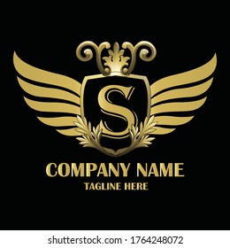 Luxury wing Initial Letter S Gold color with Shield. Vintage monogram logo perfect for book design, brand name, business card, Victory logo, vector logo template