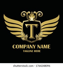 Lujo ala Letra inicial T color oro con Escudo. Logotipo de monograma vintage perfecto para diseño de libros, nombre de marca, tarjeta de visita, logotipo de Victoria, plantilla de logotipo vectorial
