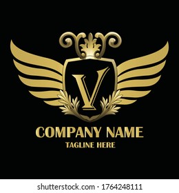 Luxury wing Initial Letter V Gold color with Shield. Vintage monogram logo perfect for book design, brand name, business card, Victory logo, vector logo template