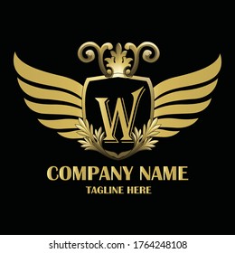 Luxury wing Initial Letter W Gold color with Shield. Vintage monogram logo perfect for book design, brand name, business card, Victory logo, vector logo template